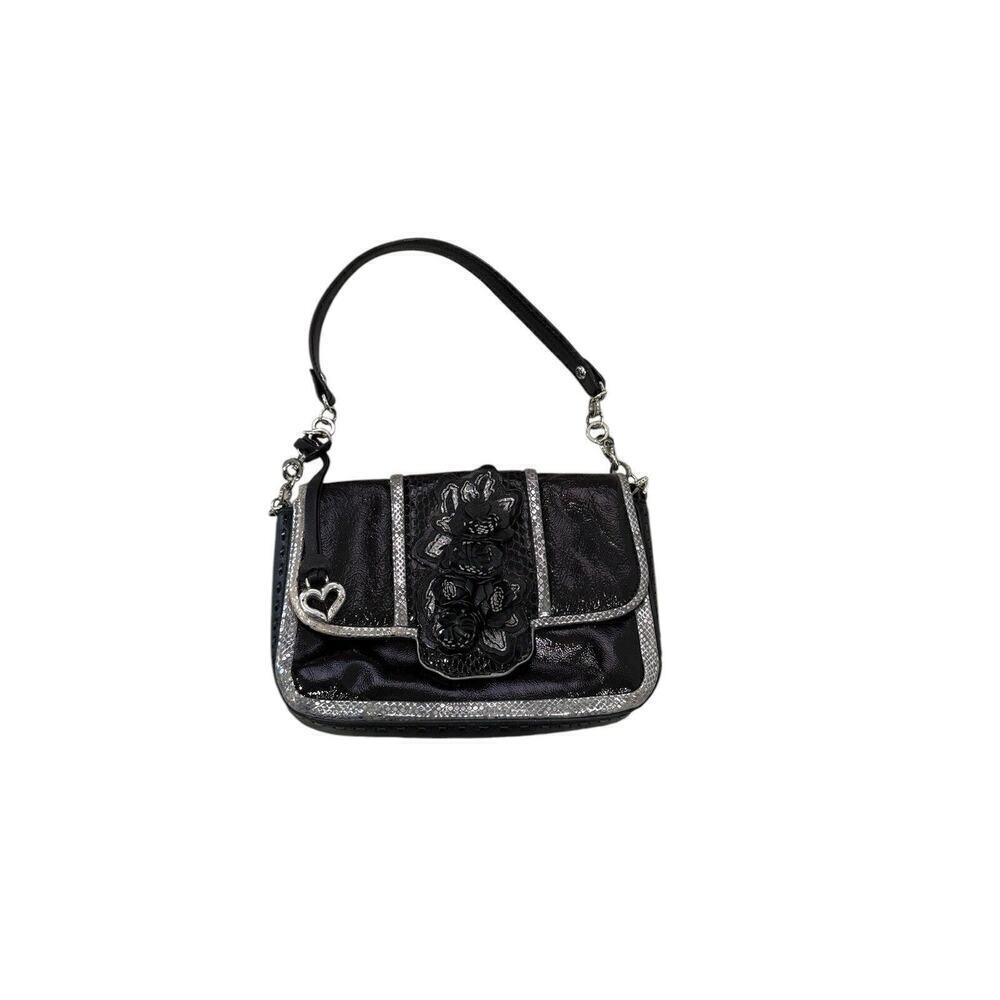 Brighton Black Silver‎ Patent Leather 3D Flower Mini Shoulder Bag